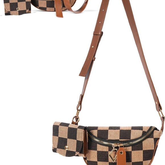 Stylish Checkerboard Crossbody Bag for Women - Spacious Fanny Pack with Pouches - Picture 1 of 6